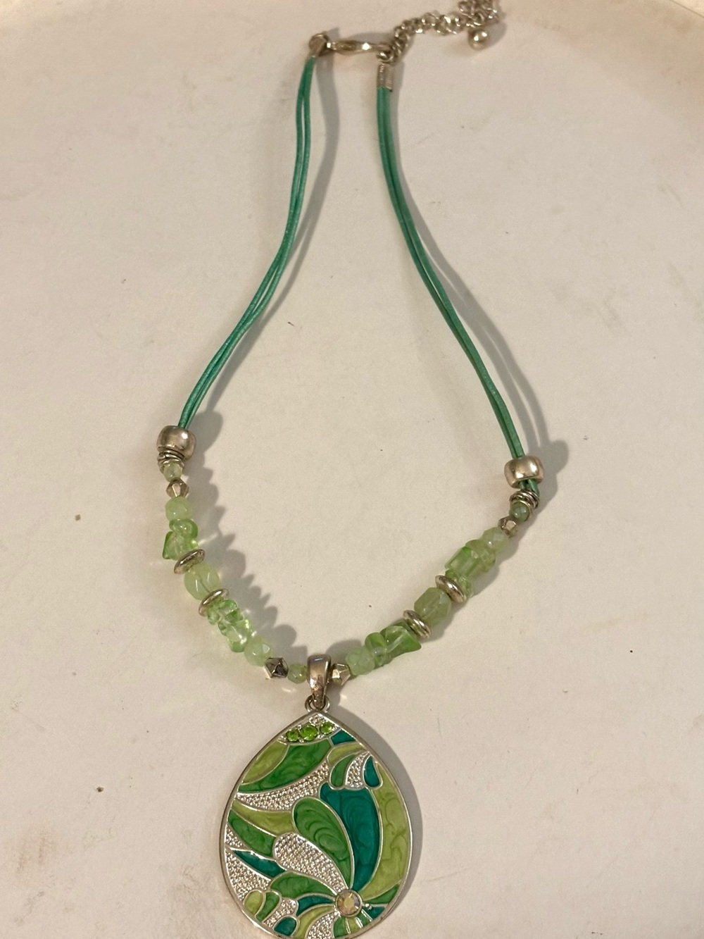 Beautiful Green Enamel Pendant Necklace
